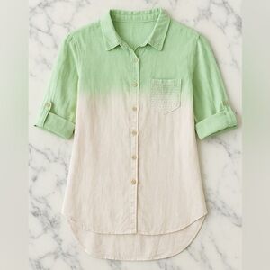 EUC Kabana Women’s Linen Green and White Button-Up Shirt Sequin Pocket Sz S